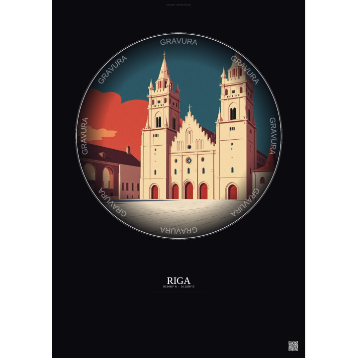 Affiche Riga – Poster illustration vintage – Riga Cathedral | Gravura – Fond foncé