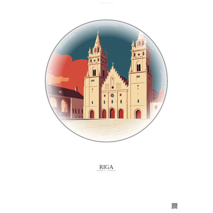 Affiche Riga – Poster illustration vintage – Riga Cathedral | Gravura – Fond clair