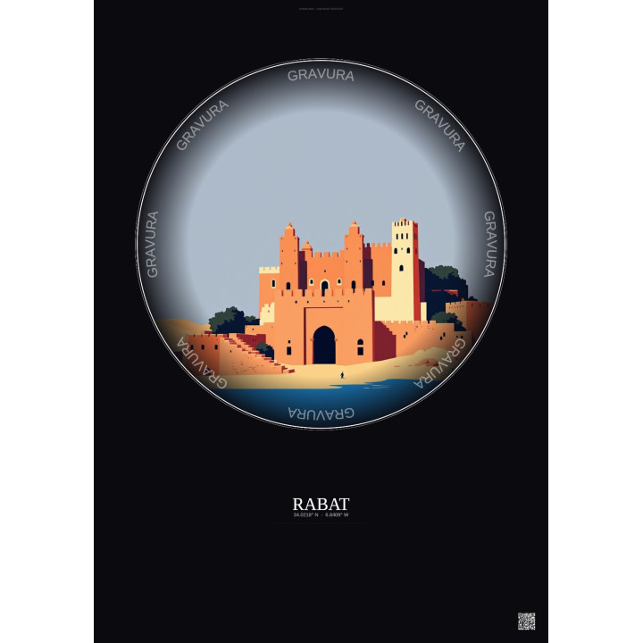 Affiche Rabat – Poster illustration vintage – Chellah | Gravura – Fond foncé