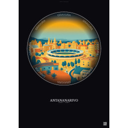 Antananarivo Vintage Travel Poster – Mahamasina Municipal Stadium | Gravura – Dark background