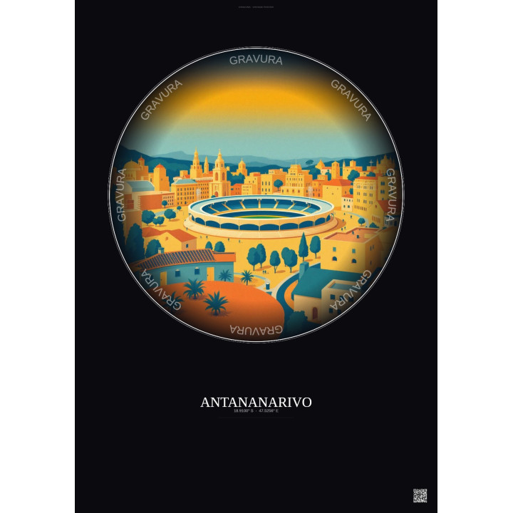 Antananarivo Vintage Travel Poster – Mahamasina Municipal Stadium | Gravura – Dark background