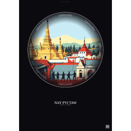 Affiche Nay Pyi Taw – Poster illustration vintage – Historic Old Town Of Nay Pyi Taw | Gravura – Fond foncé