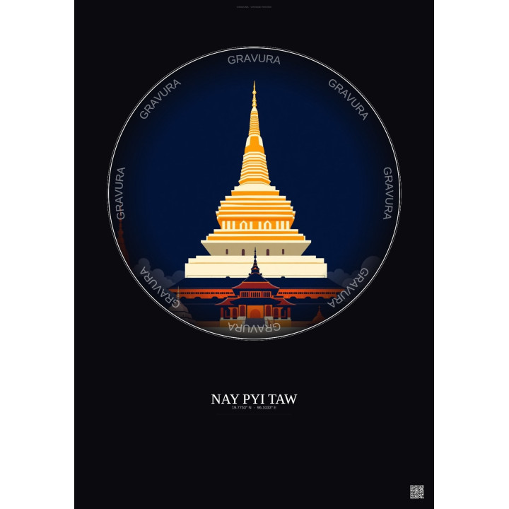 Nay Pyi Taw Vintage Travel Poster – Most Iconic Landmark Of Nay Pyi Taw | Gravura – Dark background