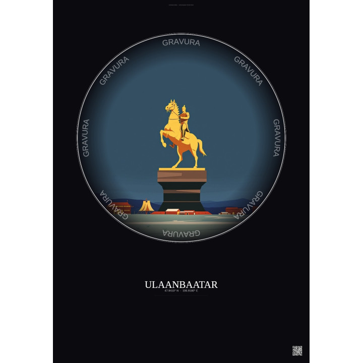 Ulaanbaatar Vintage Travel Poster – Genghis Khan Equestrian Statue | Gravura – Dark background