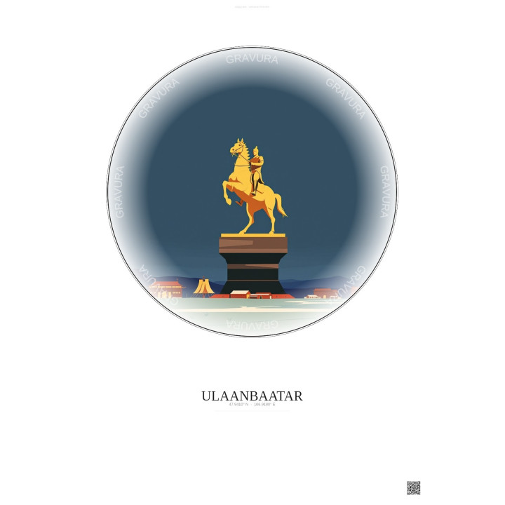 Affiche Ulaanbaatar – Poster illustration vintage – Genghis Khan Equestrian Statue | Gravura – Fond clair
