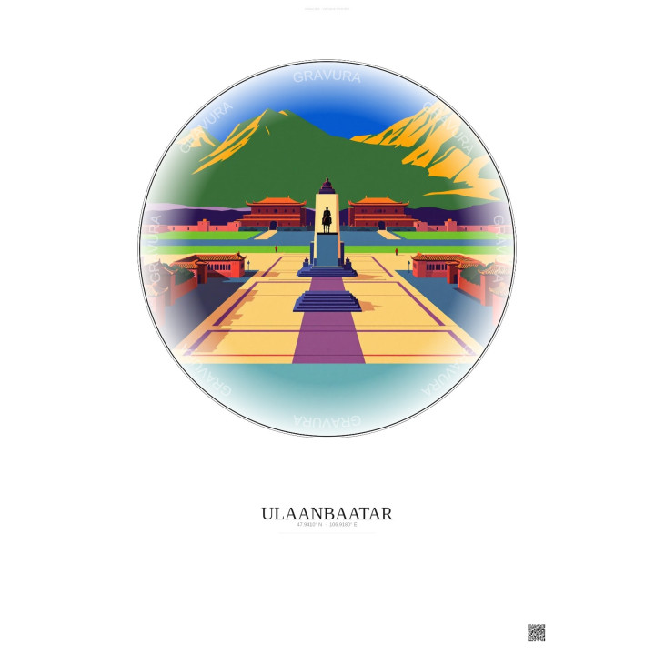 Affiche Ulaanbaatar – Poster illustration vintage – Sukhbaatar Square | Gravura – Fond clair