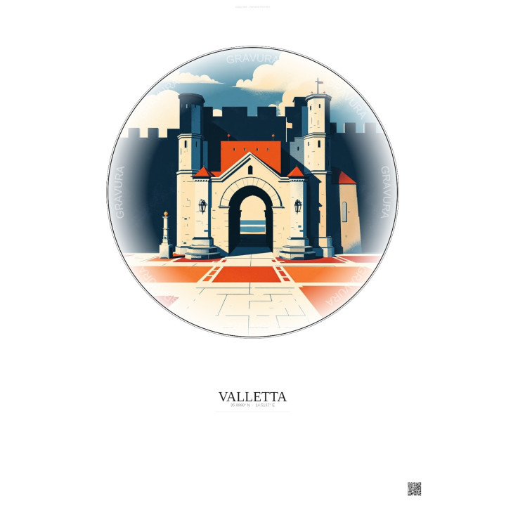 Affiche Valletta – Poster illustration vintage – City Gate | Gravura – Fond clair