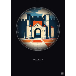 Affiche Valletta – Poster illustration vintage – City Gate | Gravura – Fond foncé