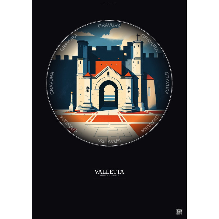 Affiche Valletta – Poster illustration vintage – City Gate | Gravura – Fond foncé