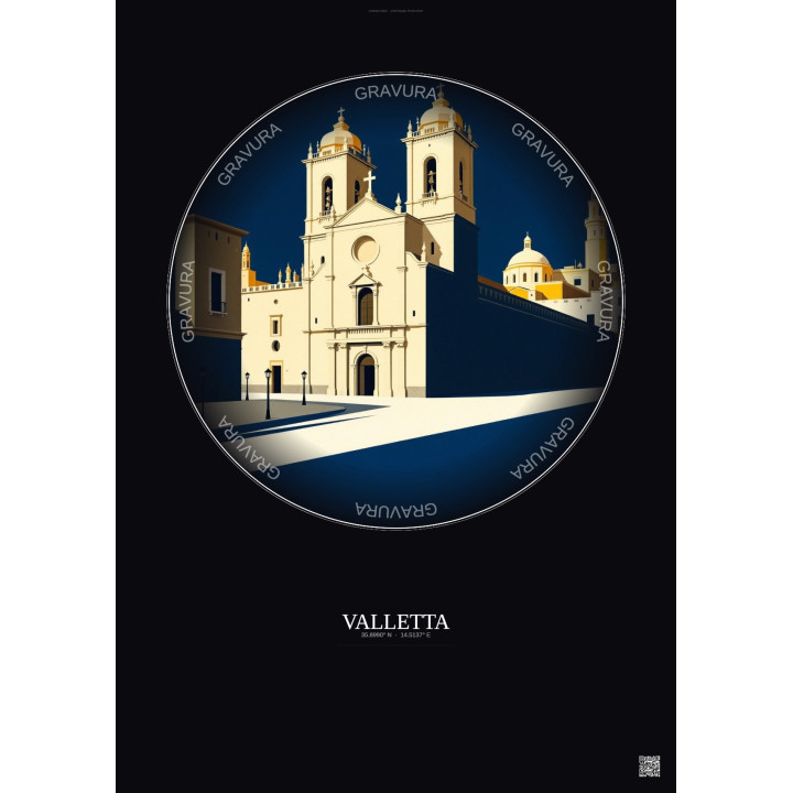 Valletta Vintage Travel Poster – St John S Co Cathedral | Gravura – Dark background