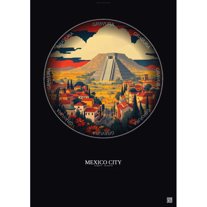 Affiche Mexico City – Poster illustration vintage – Famous Viewpoint Of Mexico City | Gravura – Fond foncé