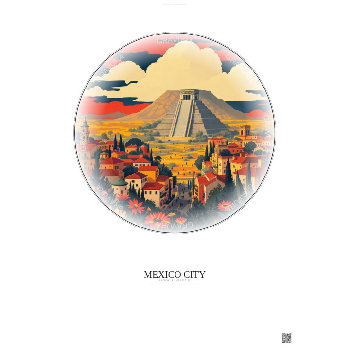 Affiche Mexico City – Poster illustration vintage – Famous Viewpoint Of Mexico City | Gravura – Fond clair