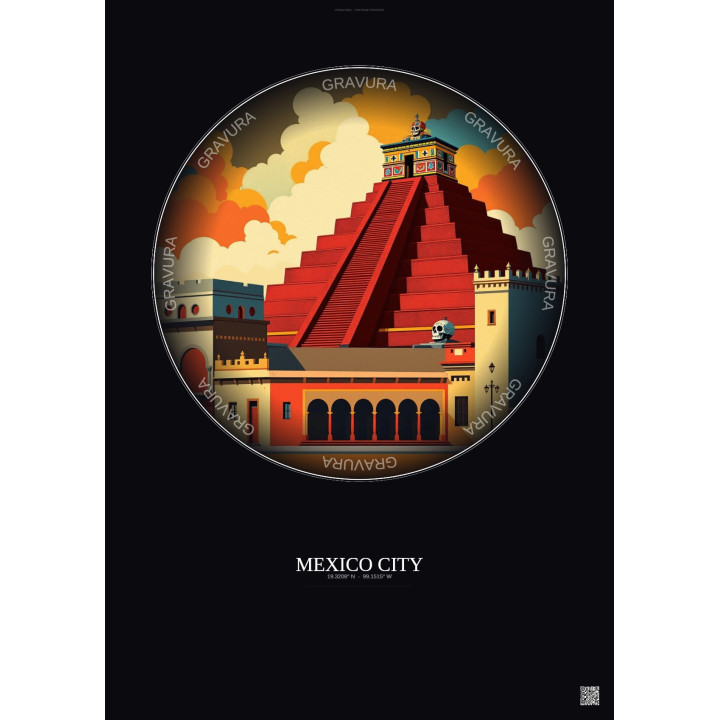 Affiche Mexico City – Poster illustration vintage – Historic Old Town Of Mexico City | Gravura – Fond foncé