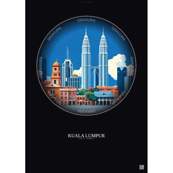 Affiche Kuala Lumpur – Poster illustration vintage – Kuala Lumpur | Gravura – Fond foncé