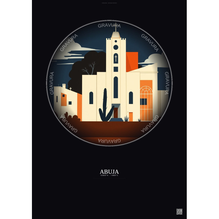 Affiche Abuja – Poster illustration vintage – National Church Of Nigeria | Gravura – Fond foncé