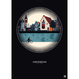 Affiche Amsterdam – Poster illustration vintage – Anne Frank House | Gravura – Fond foncé