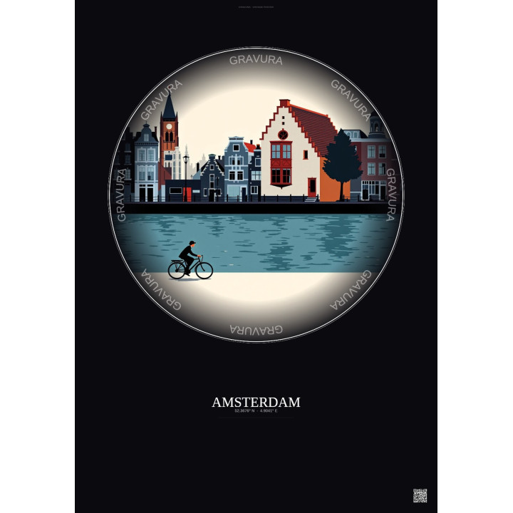 Affiche Amsterdam – Poster illustration vintage – Anne Frank House | Gravura – Fond foncé