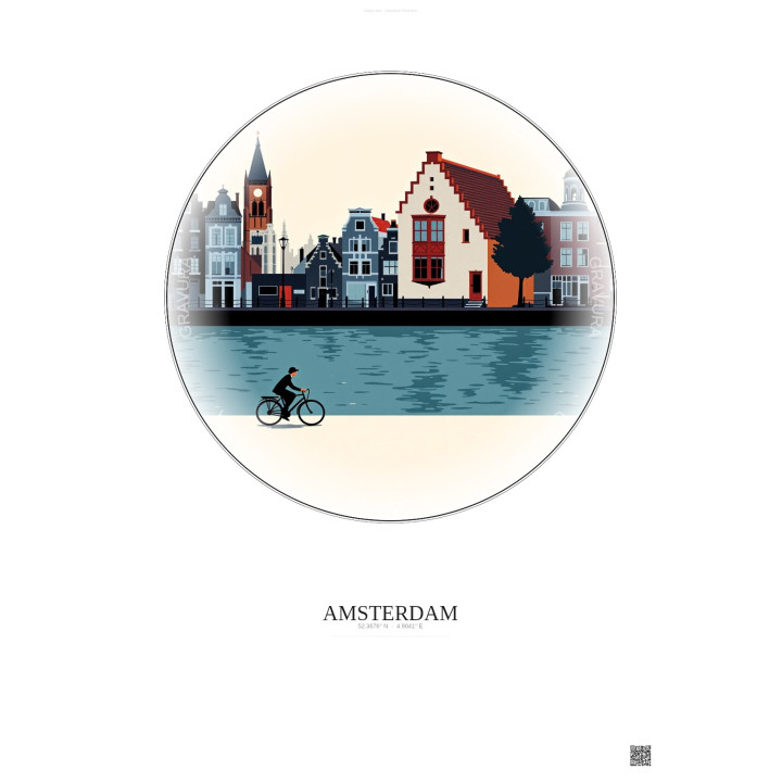 Affiche Amsterdam – Poster illustration vintage – Anne Frank House | Gravura – Fond clair