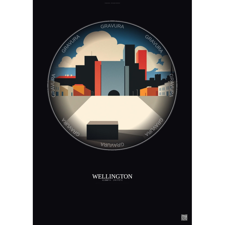 Wellington Vintage Travel Poster – Te Ngakau Civic Square | Gravura – Dark background