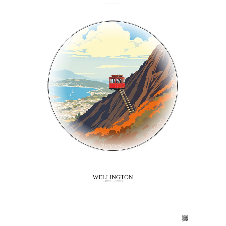 Affiche Wellington – Poster illustration vintage – Wellington Cable Car | Gravura – Fond clair