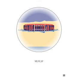 Muscat Vintage Travel Poster – Sultan Qaboos Sports Complex | Gravura – Light background