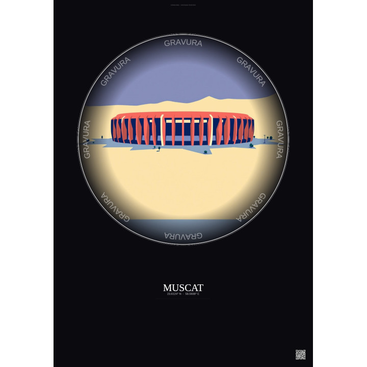 Affiche Muscat – Poster illustration vintage – Sultan Qaboos Sports Complex | Gravura – Fond foncé