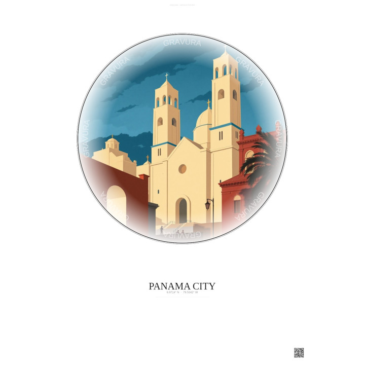 Affiche Panama City – Poster illustration vintage – Metropolitan Cathedral Of Panama City | Gravura – Fond clair