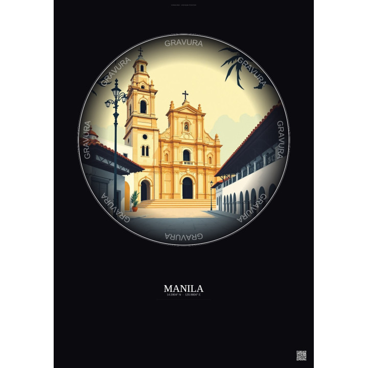 Manila Vintage Travel Poster – San Agustin Church | Gravura – Dark background
