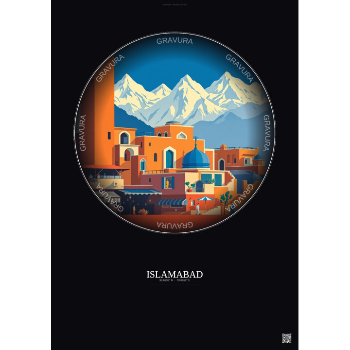 Islamabad Vintage Travel Poster – Lok Virsa Museum | Gravura – Dark background