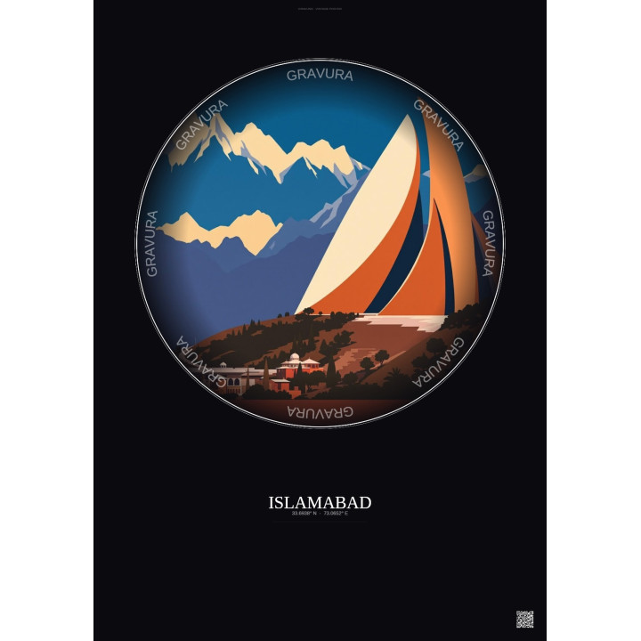 Islamabad Vintage Travel Poster – Pakistan Monument | Gravura – Dark background