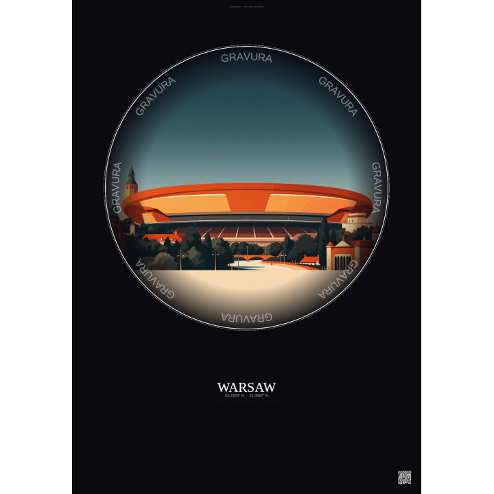 Affiche Warsaw – Poster illustration vintage – Kazimierz Gorski National Stadium | Gravura – Fond foncé