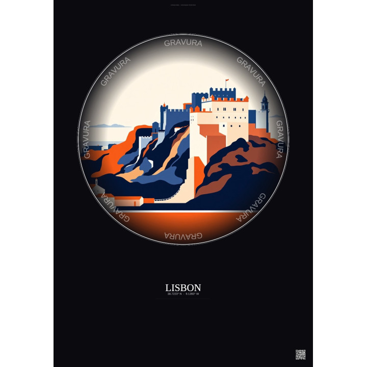 Affiche Lisbon – Poster illustration vintage – Castelo De Sao Jorge | Gravura – Fond foncé