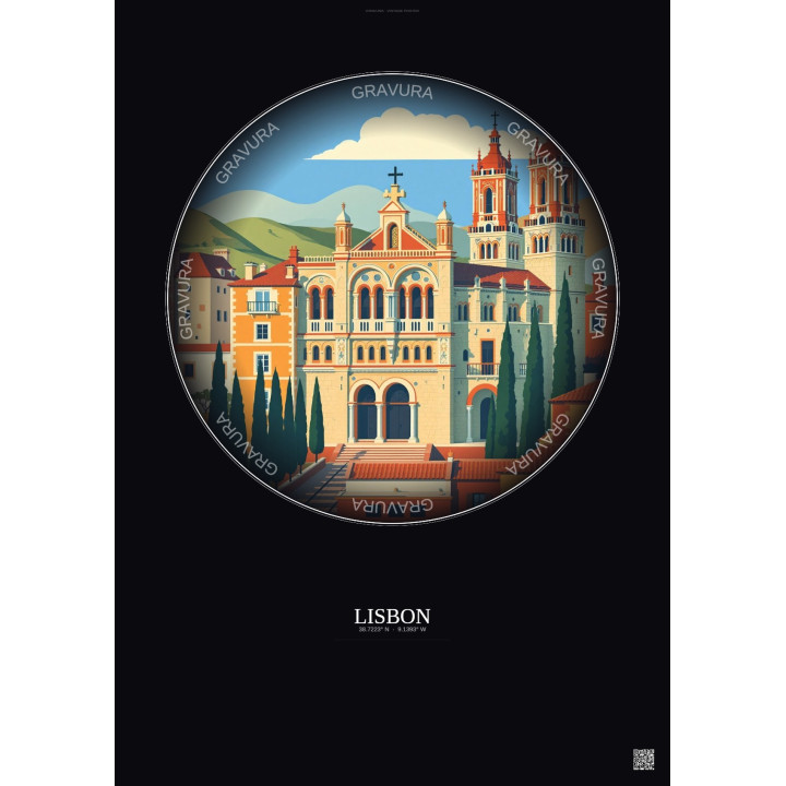 Affiche Lisbon – Poster illustration vintage – Jeronimos Monastery | Gravura – Fond foncé