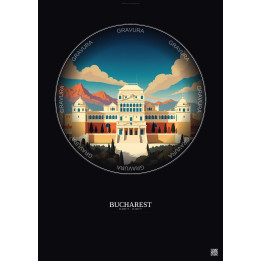 Affiche Bucharest – Poster illustration vintage – Palace Of The Parliament | Gravura – Fond foncé