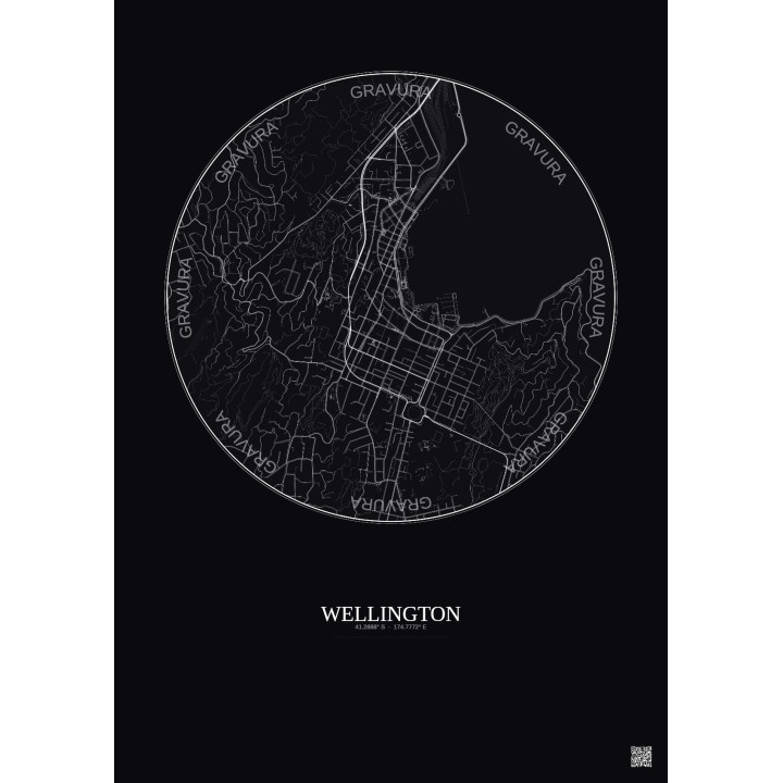 Affiche Wellington – Poster carte de ville 2.5km | Gravura – Fond foncé