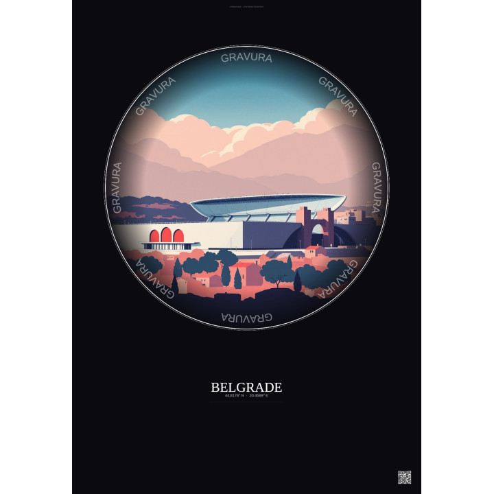 Belgrade Vintage Travel Poster – Rajko Mitic Stadium | Gravura – Dark background