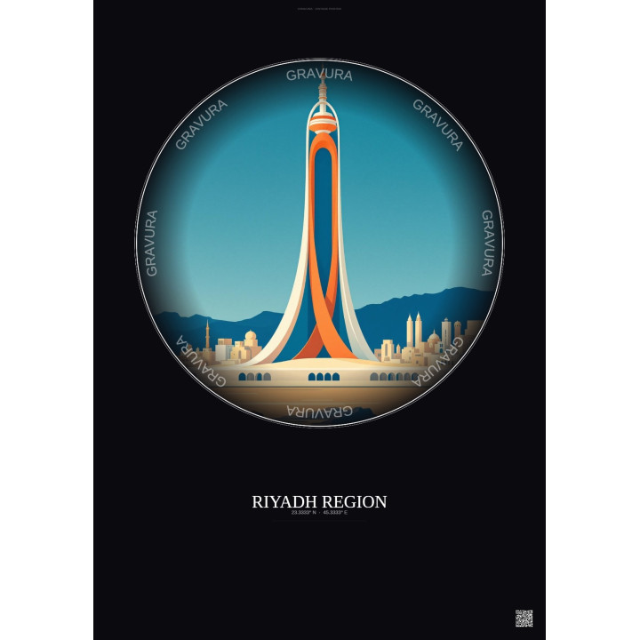 Affiche Riyadh Region – Poster illustration vintage – Most Iconic Landmark Of Riyadh Region | Gravura – Fond foncé