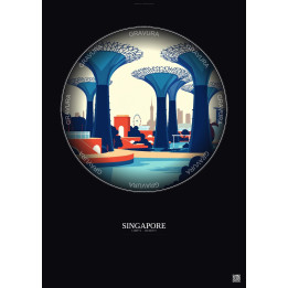Affiche Singapore – Poster illustration vintage – Gardens By The Bay | Gravura – Fond foncé