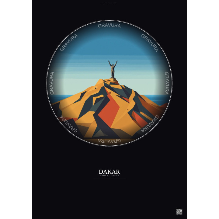 Dakar Vintage Travel Poster – African Renaissance Monument | Gravura – Dark background