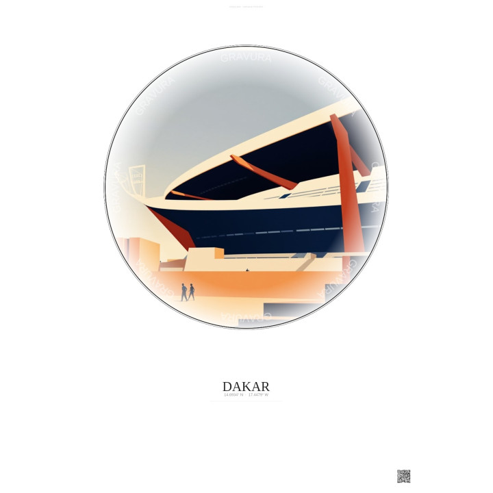 Dakar Vintage Travel Poster – Stade Leopold Sedar Senghor | Gravura – Light background
