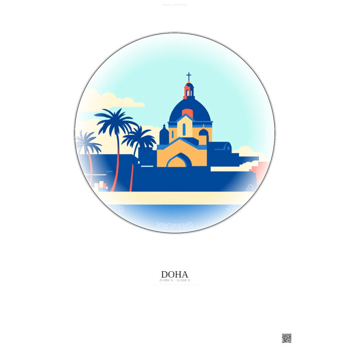 Doha Vintage Travel Poster – Catholic Church Of Our Lady Of The Rosary | Gravura – Light background