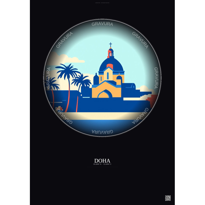 Doha Vintage Travel Poster – Catholic Church Of Our Lady Of The Rosary | Gravura – Dark background