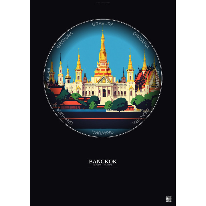 Affiche Bangkok – Poster illustration vintage – Grand Palace | Gravura – Fond foncé