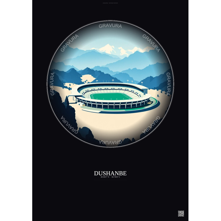 Affiche Dushanbe – Poster illustration vintage – Pamir Stadium | Gravura – Fond foncé