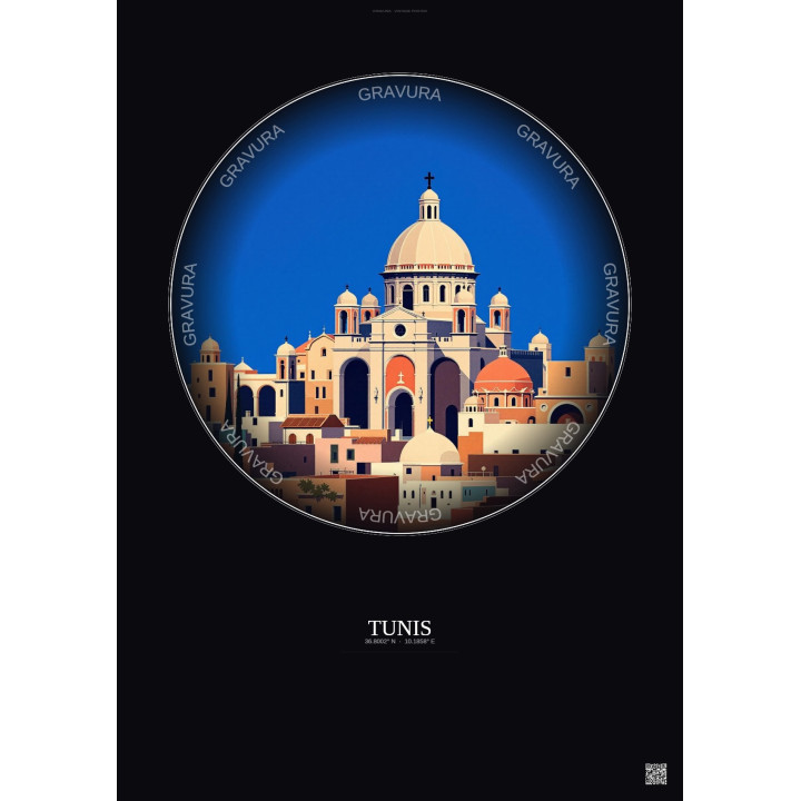 Affiche Tunis – Poster illustration vintage – Cathedral Of St Vincent De Paul | Gravura – Fond foncé