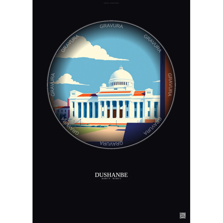 Affiche Dushanbe – Poster illustration vintage – Tajikistan National Museum | Gravura – Fond foncé