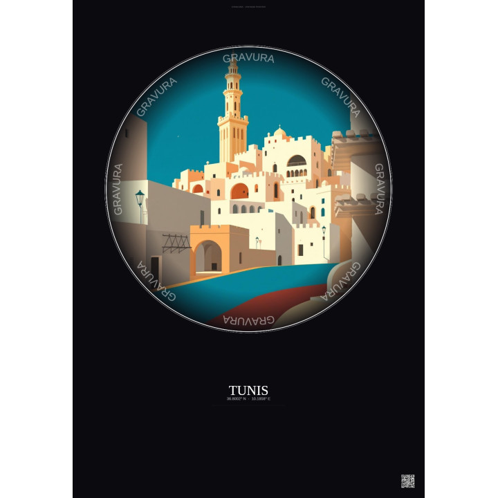 Affiche Tunis – Poster illustration vintage – Tunis | Gravura – Fond foncé