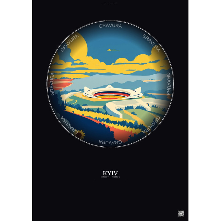 Kyiv Vintage Travel Poster – Olimpiyskiy National Sports Complex | Gravura – Dark background
