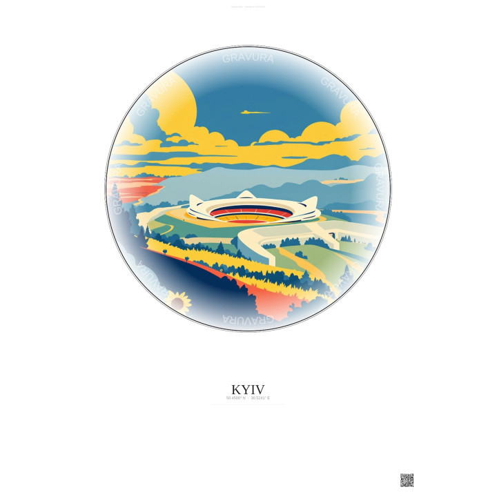 Kyiv Vintage Travel Poster – Olimpiyskiy National Sports Complex | Gravura – Light background