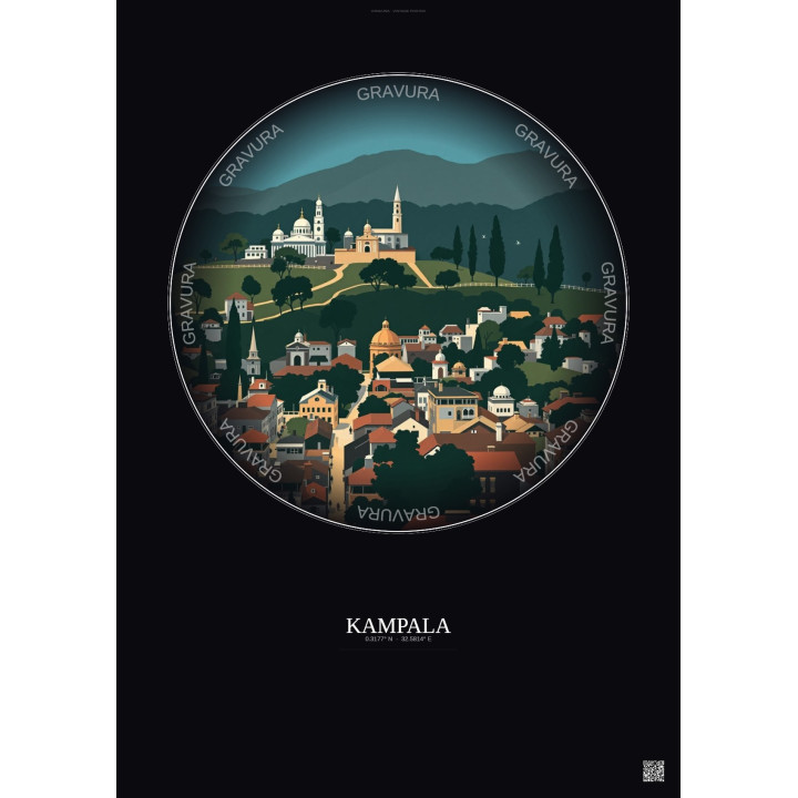 Affiche Kampala – Poster illustration vintage – Kampala | Gravura – Fond foncé